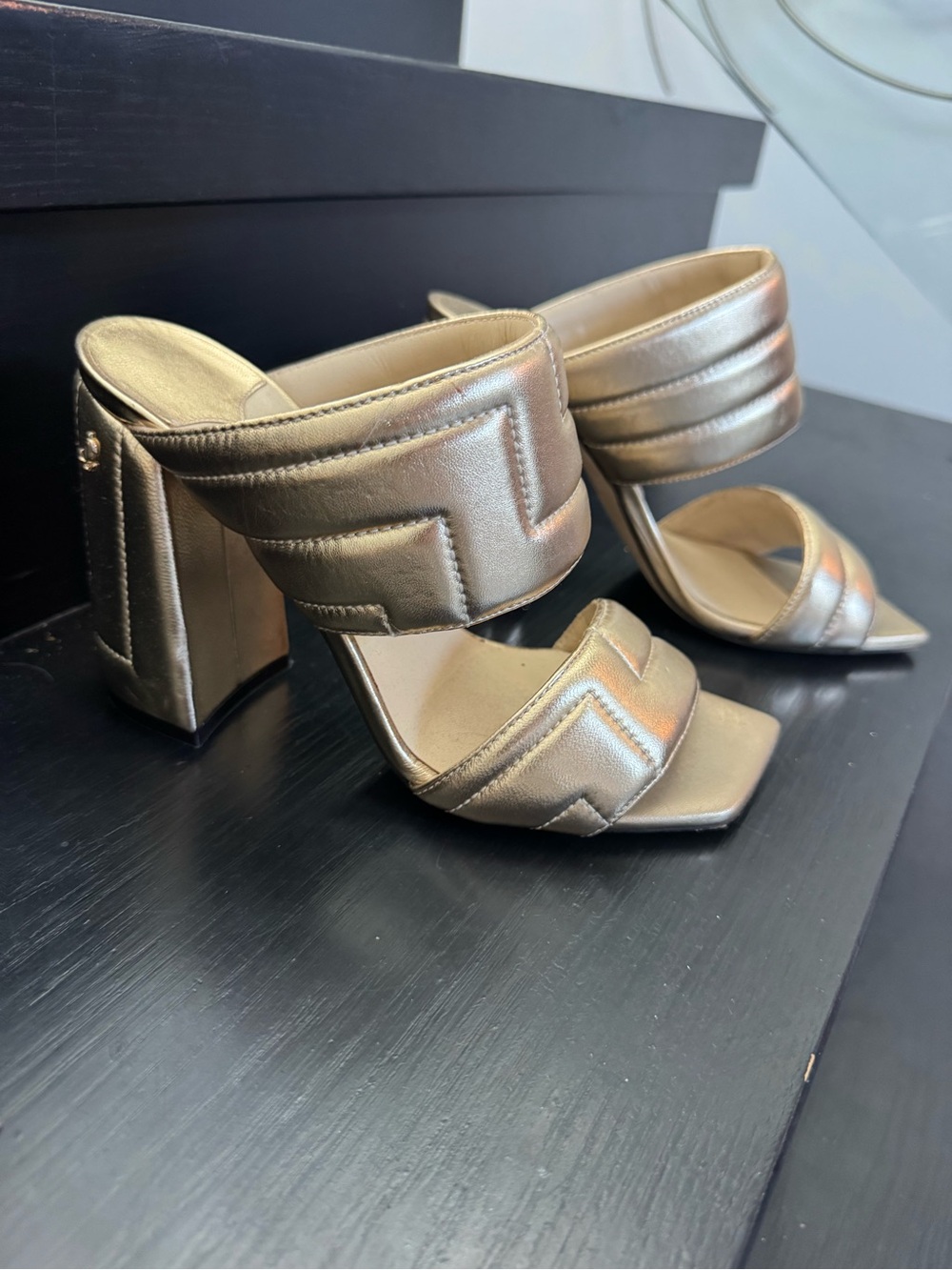 Jimmy Choo Metallic Gold Quilted Block Heel Mules